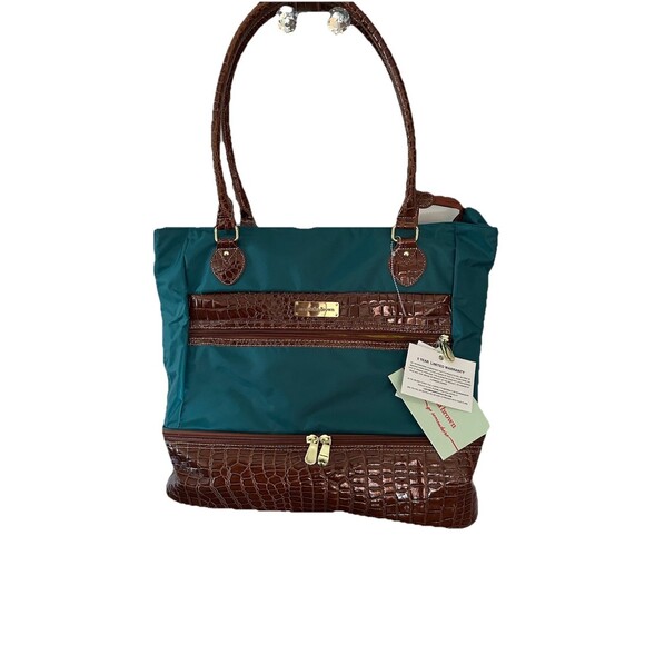Samantha Brown Alligator Pattern Drop Bottom Tote - Brown & Teal - Beach Bag - Picture 1 of 16